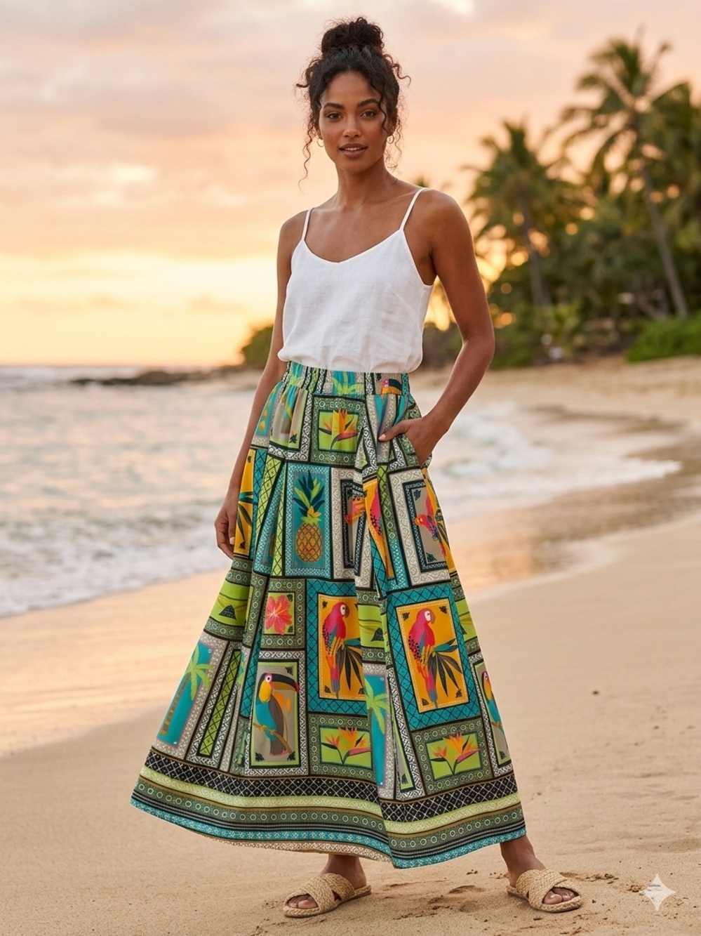 Cato Fashions Tropical Bird Print Maxi Skirt Boho Patchwork Pockets Large XL